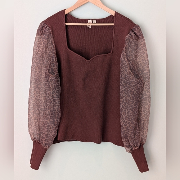 Anthropologie Dolan Animal Print Ribbed Puff Sleeve Sweater - Picture 2 of 8